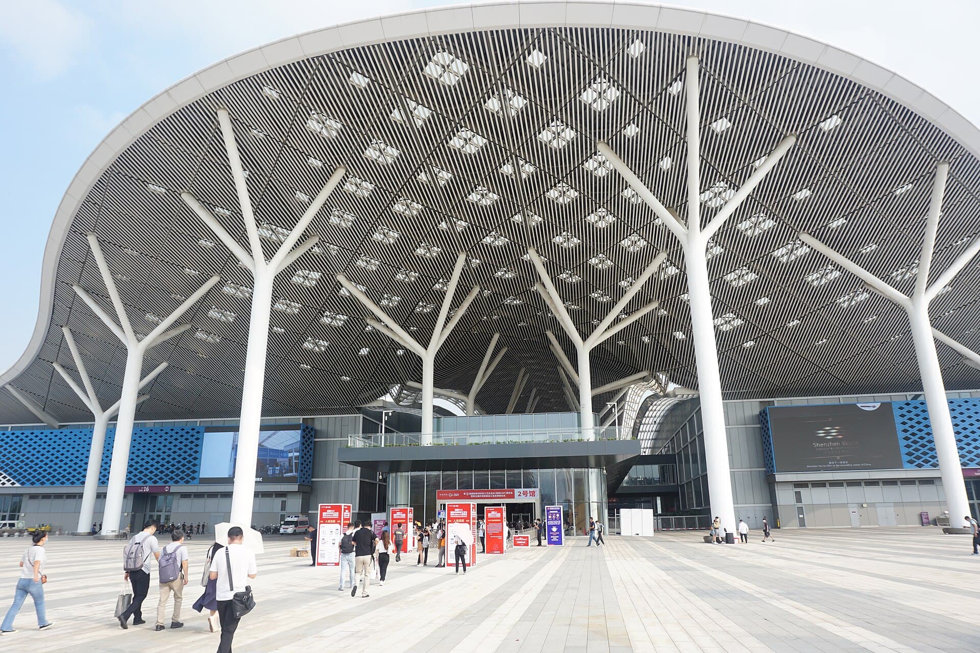 Visitors at the south entrance of Shenzhen World Exhibition and Convention Center in Baoan, photographed in 2021