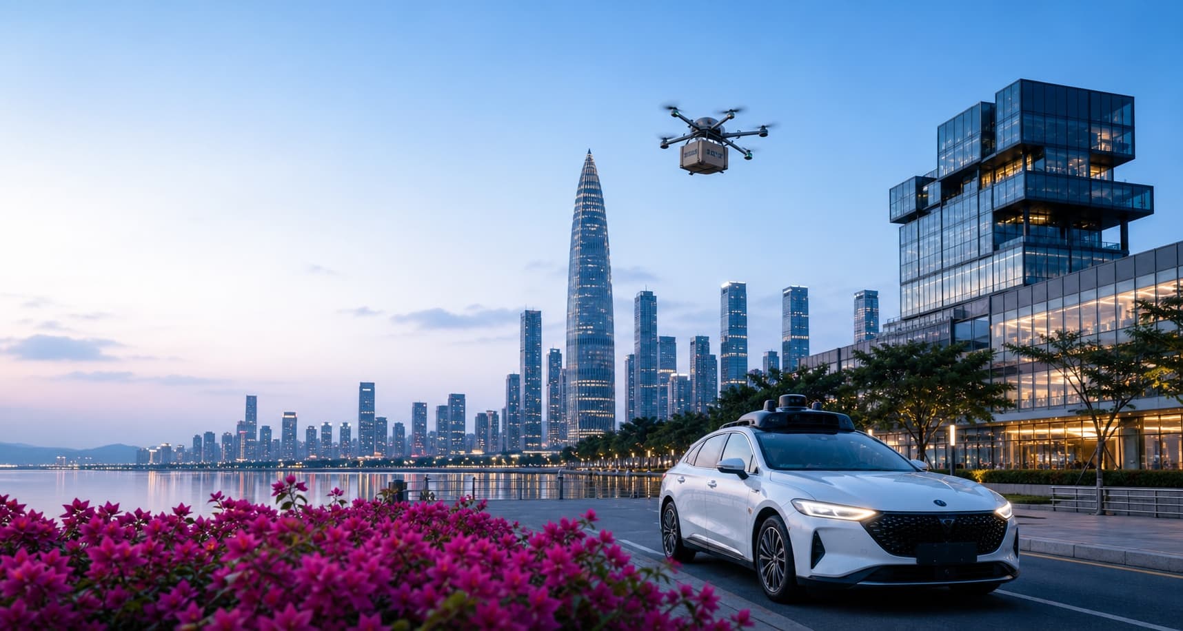 Shenzhen Bay and Nanshan District route scene with robotaxi, drone delivery, tech campus architecture, and bougainvillea