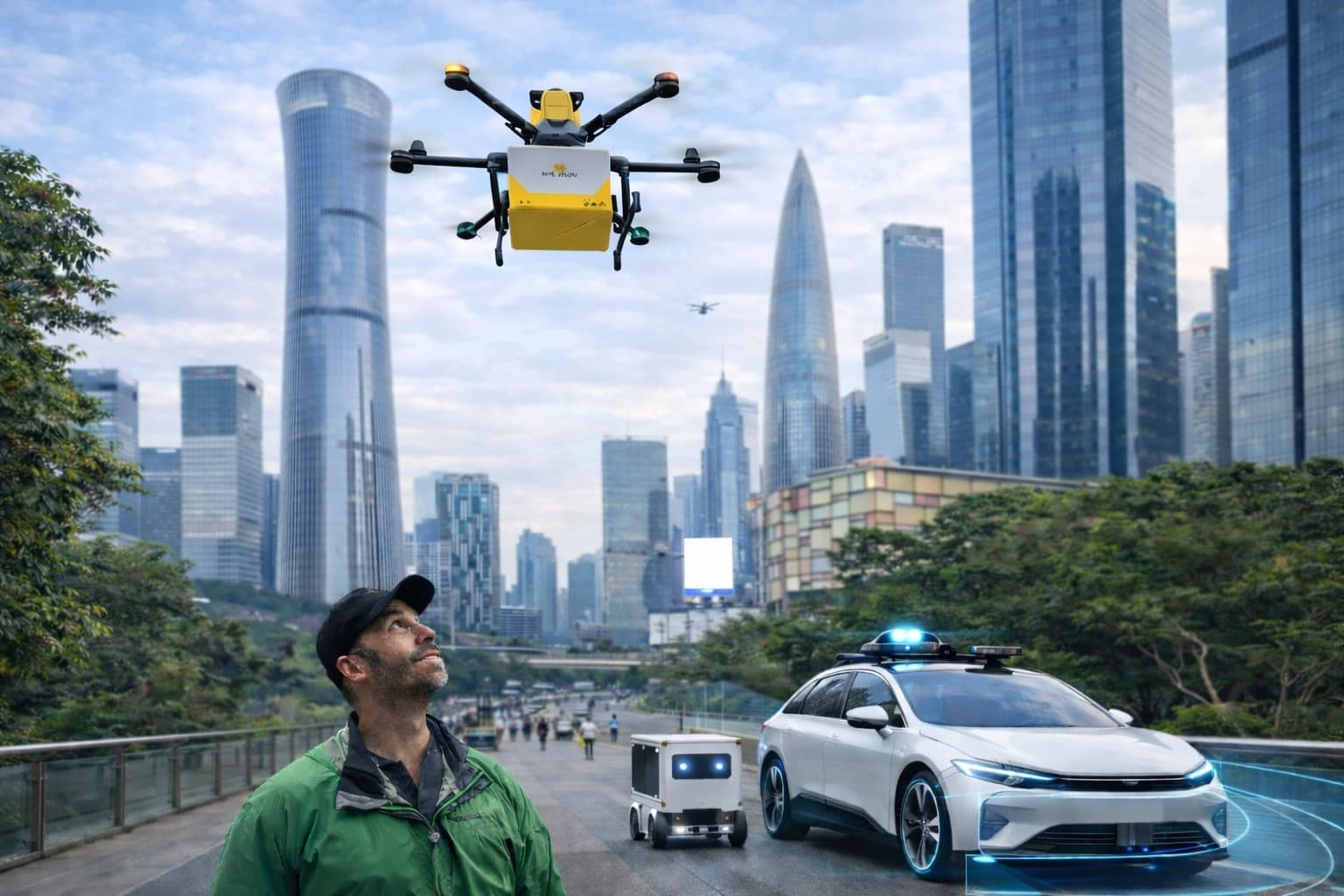 Group of tourists experiencing Shenzhen tech tour with robotaxi and drone delivery