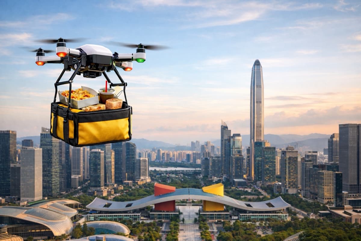 A Meituan delivery drone descending with a food package above Shenzhen's Talent Park