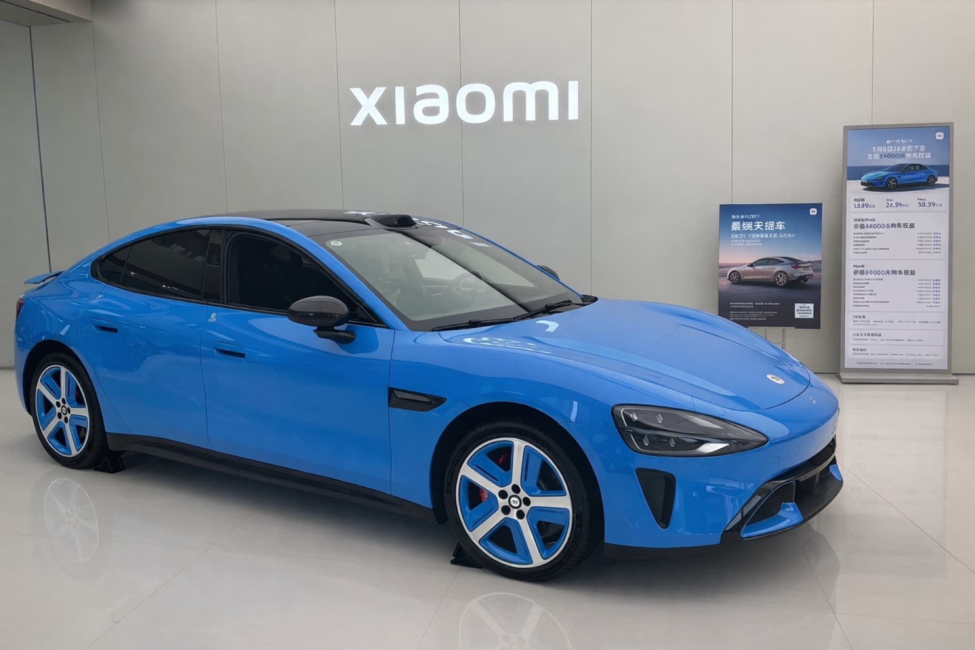 Xiaomi SU7 on display inside the Xiaomi EV Space on Haide 3rd Road, Nanshan, Shenzhen, with the Xiaomi brand wall and YU7/SU7 Ultra pricing panel