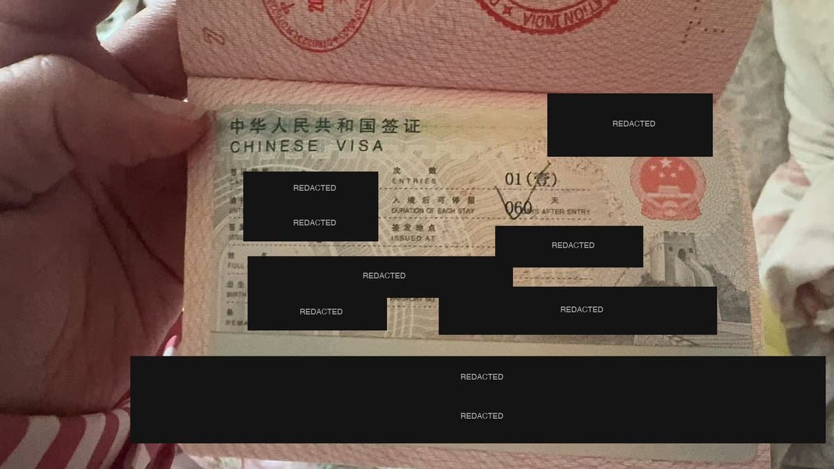 A real Chinese L visa page in a passport — sensitive identifiers are redacted for privacy